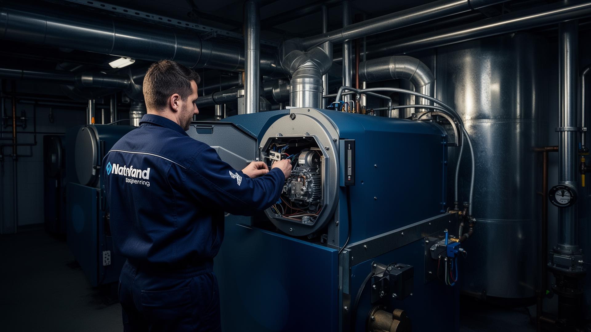 Commercial engineer servicing a plant room boiler