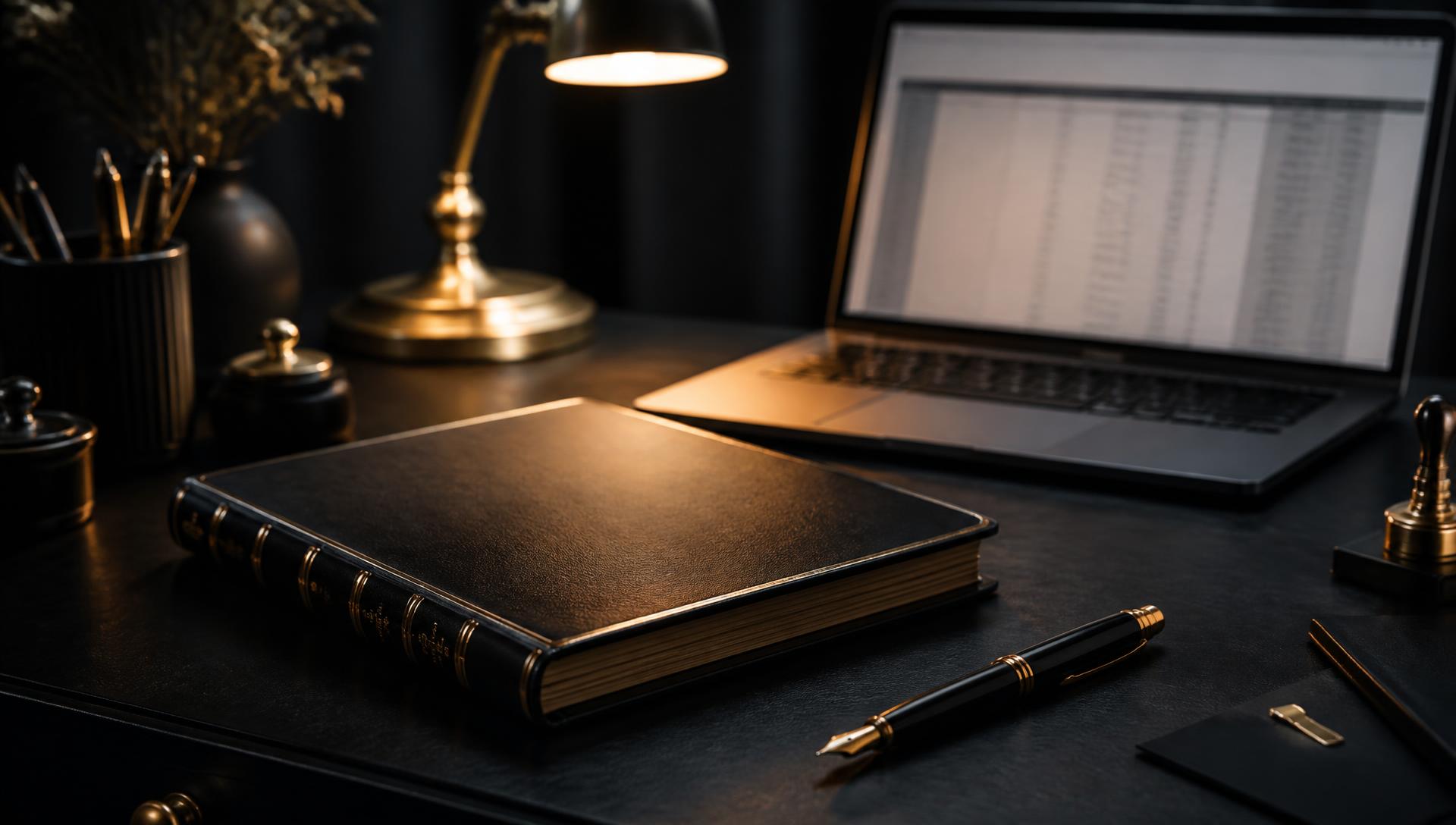 Ledger, pen and laptop on a dark desk